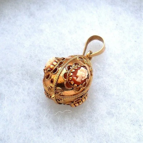 Designer Milor Italy 14K Yellow Gold Carved Shell Lady Face Cameo Egg Pendant